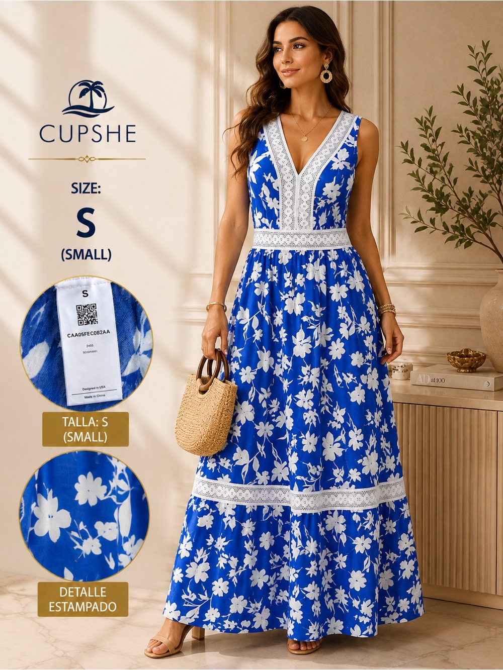CUPSHE Blue & White Floral V‑Neck Lace Trim Maxi Dress